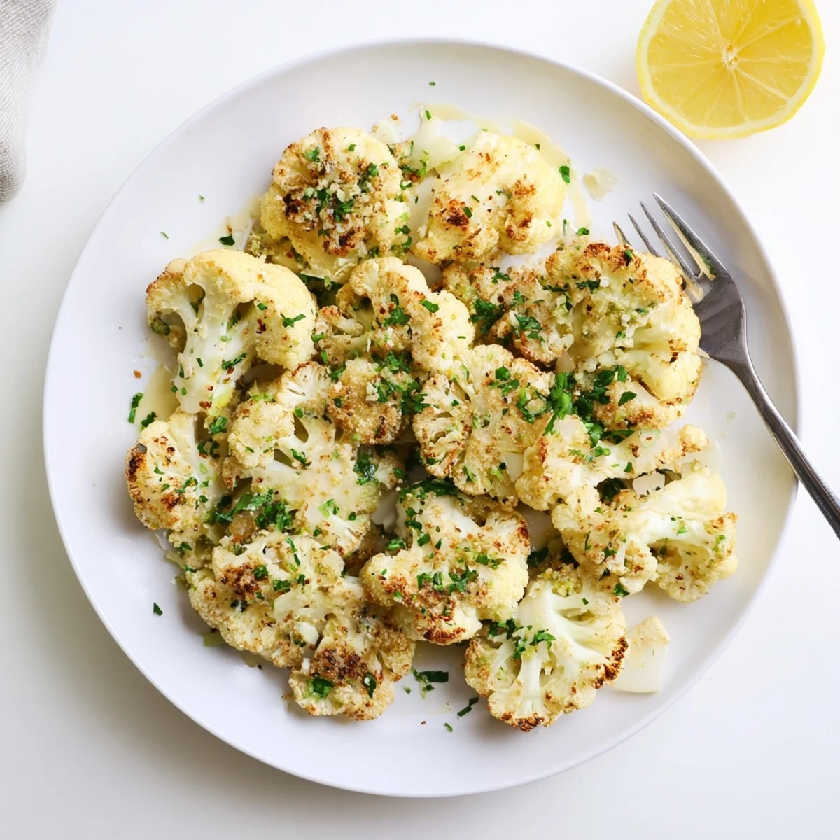 Roasted Cauliflower With Garlic Herb Crust, golden florets and crisped herb topping