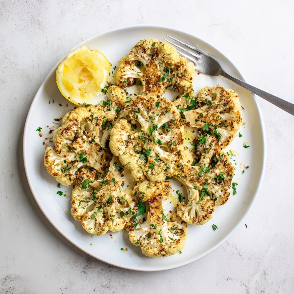 Roasted Cauliflower With Garlic Herb Crust on parchment-lined sheet, tender caramelized florets