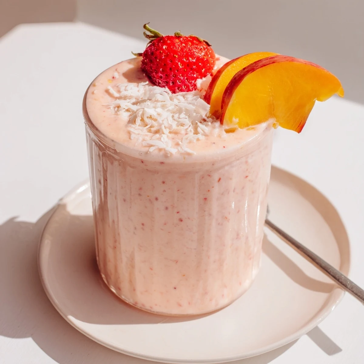 Cold Strawberry Peach Coconut Smoothie swirled with pink fruit, served with mint