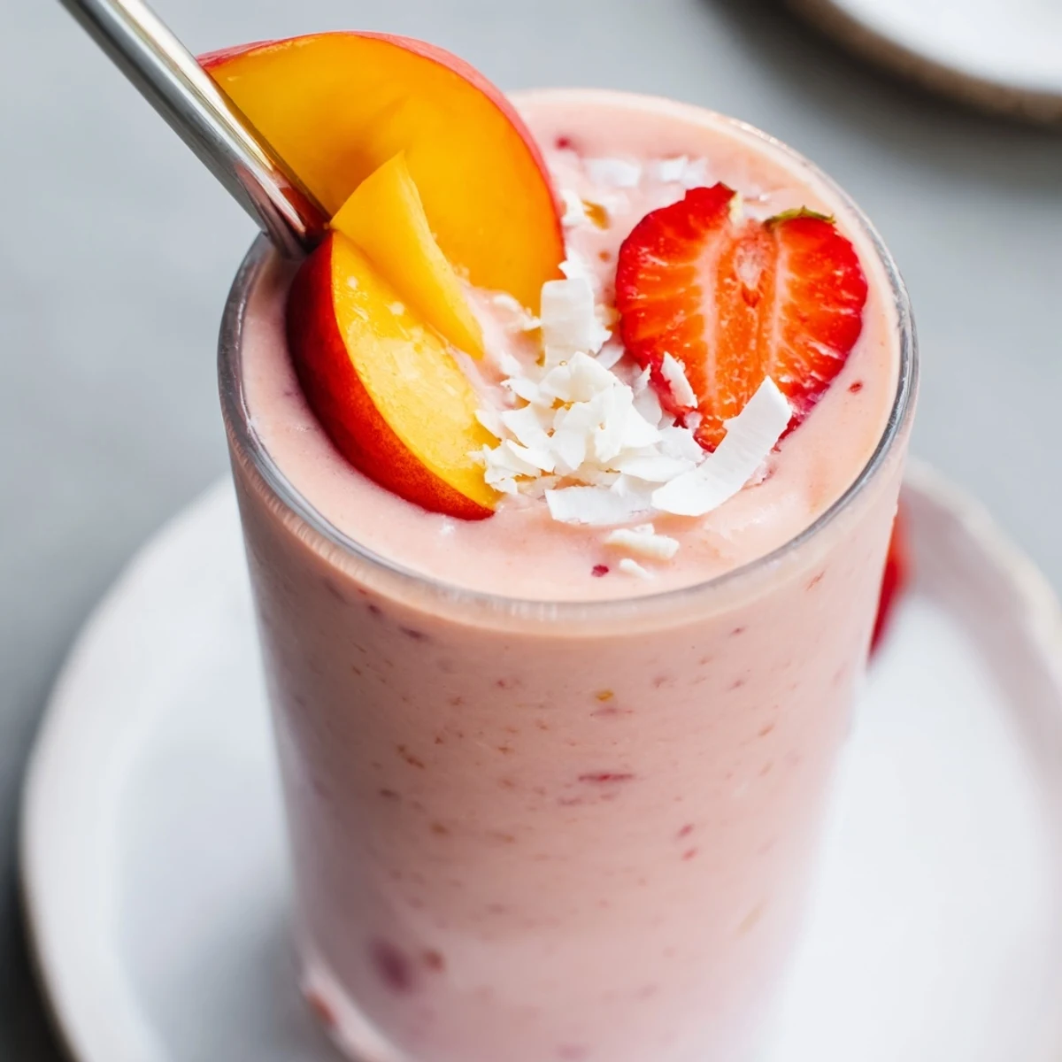 Creamy Strawberry Peach Coconut Smoothie in a glass, topped with shredded coconut