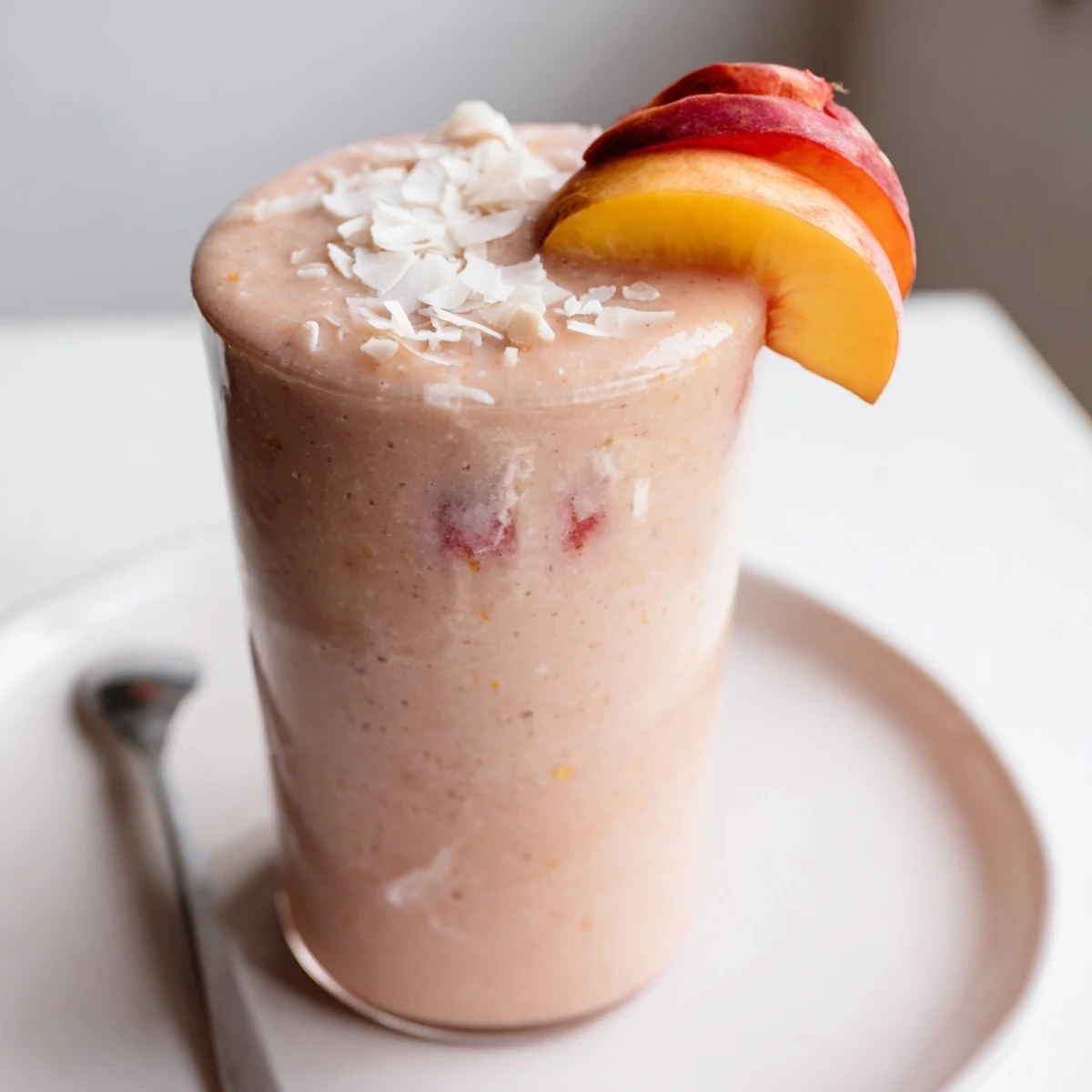 Velvety Strawberry Peach Coconut Smoothie poured into mason jar, garnished with peach slice