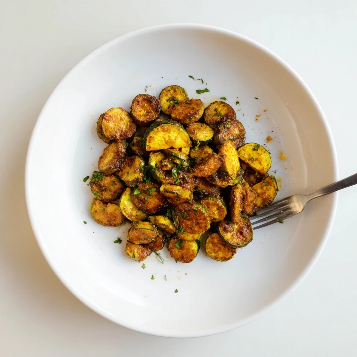 Smoky Roasted Zucchini Coins glistening with olive oil, golden edges, sprinkled parsley