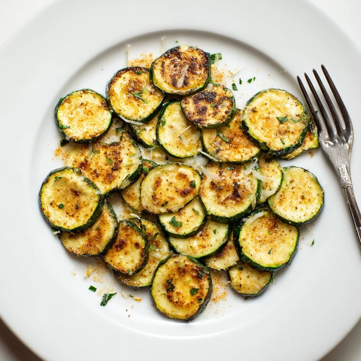 Warm Smoky Roasted Zucchini Coins served on baking sheet, lemon wedge optional