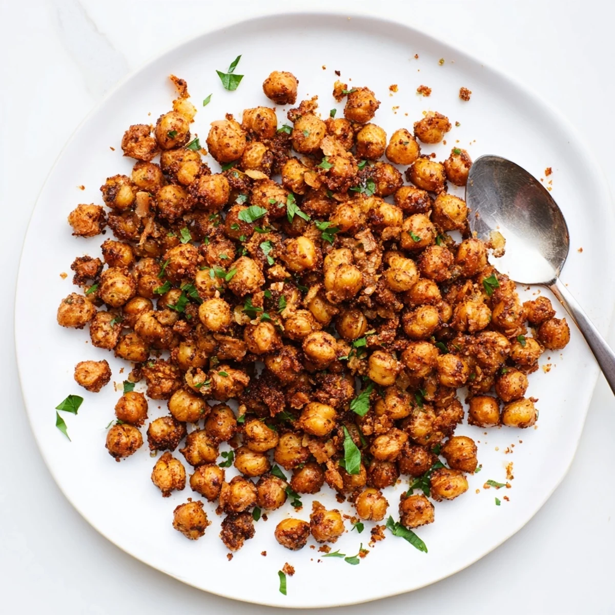 Crispy Chili Garlic Chickpea Crumbles piled on salad, golden and crunchy