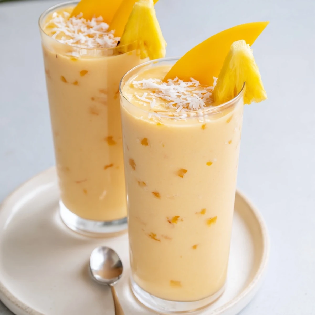 Mango Pineapple Coconut Smoothie in tall glass, creamy, chilled, tropical fruit garnish