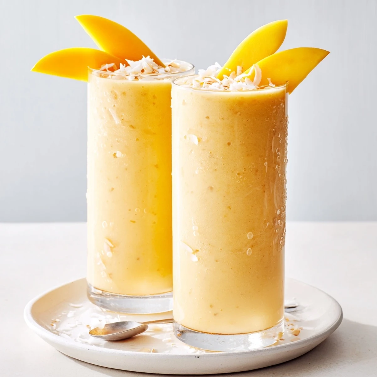 Refreshing Mango Pineapple Coconut Smoothie poured into two glasses with shredded coconut