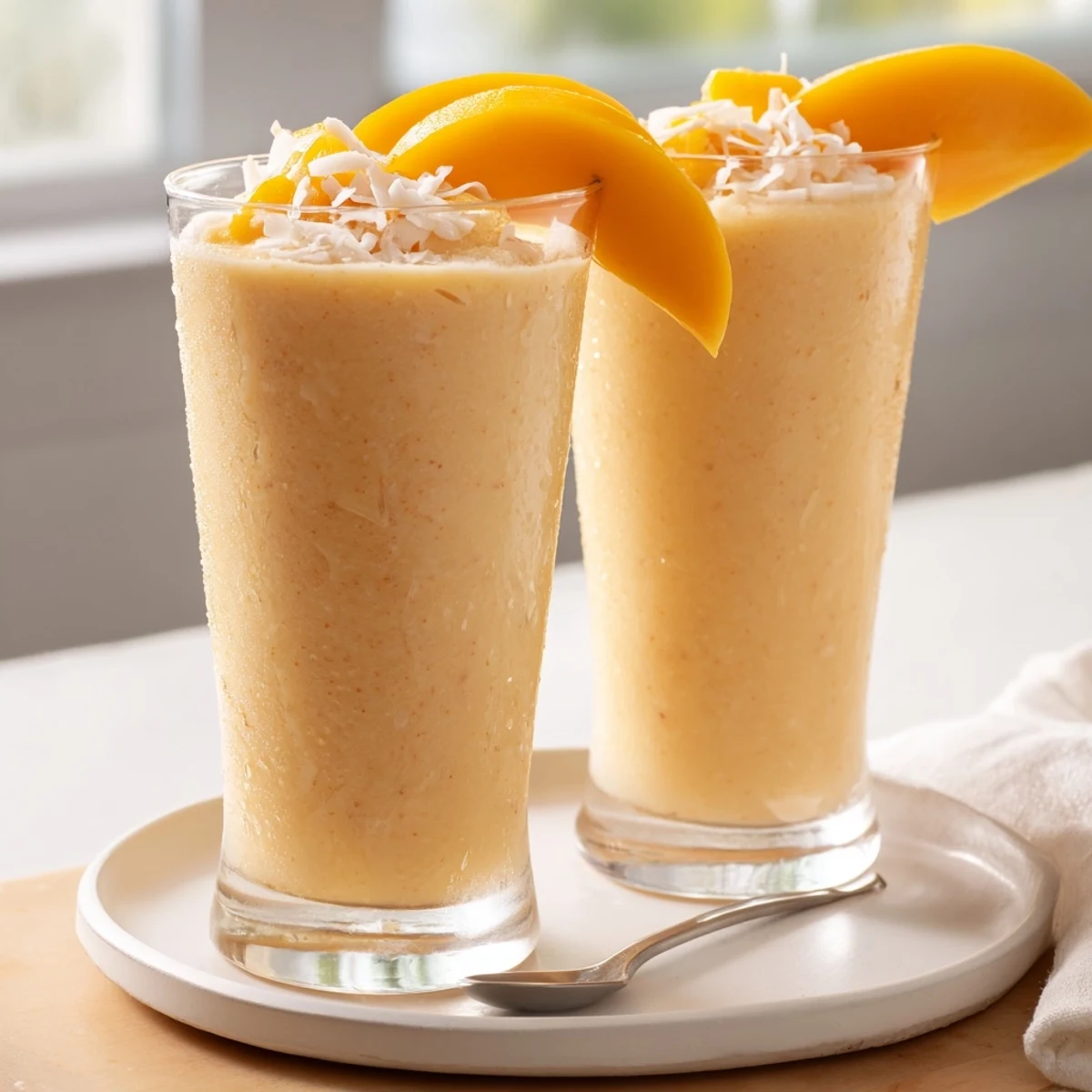 Frosty Mango Pineapple Coconut Smoothie topped with mango slice, vibrant breakfast treat
