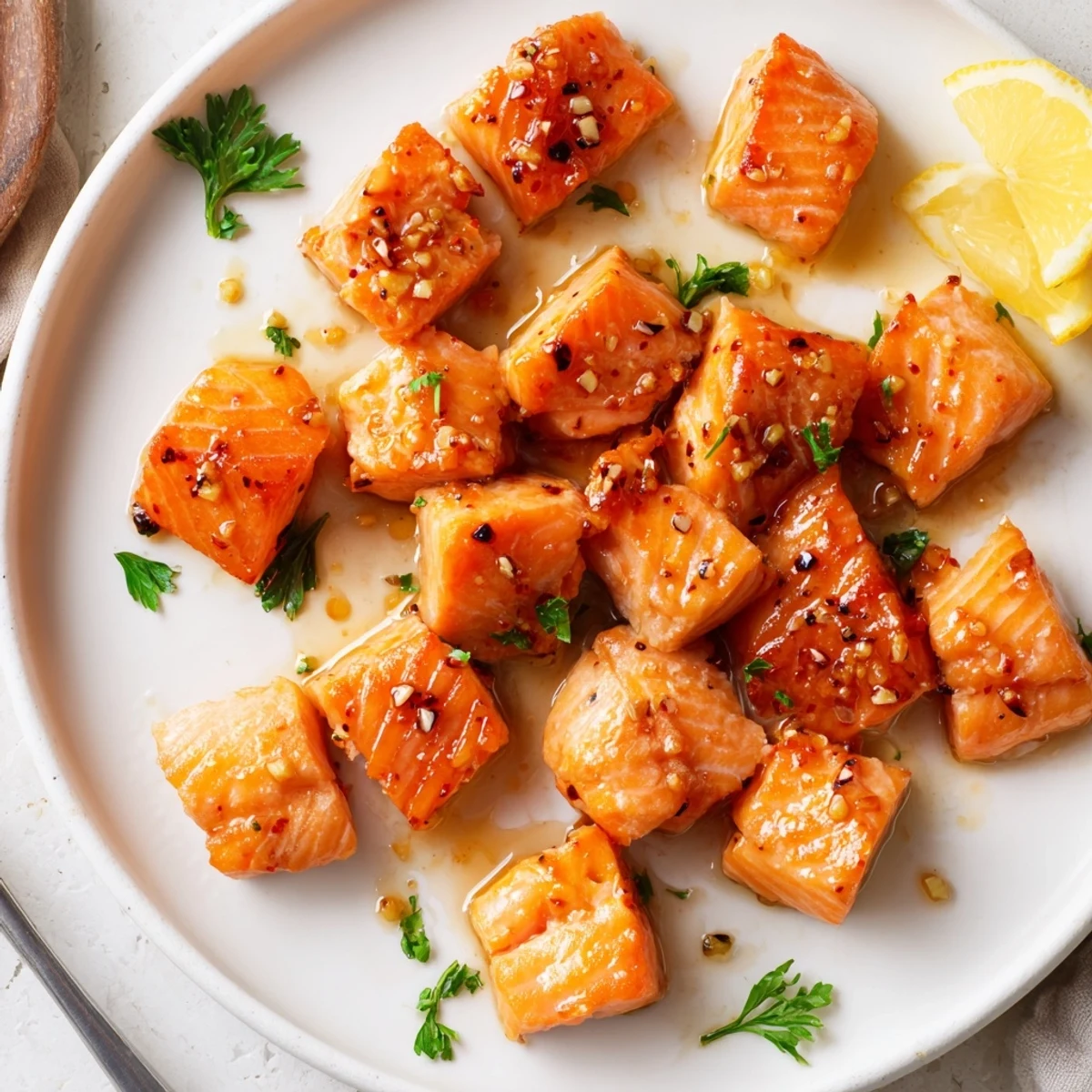 Pan seared Lemon Garlic Glazed Salmon Bites, golden crust and sticky glaze.