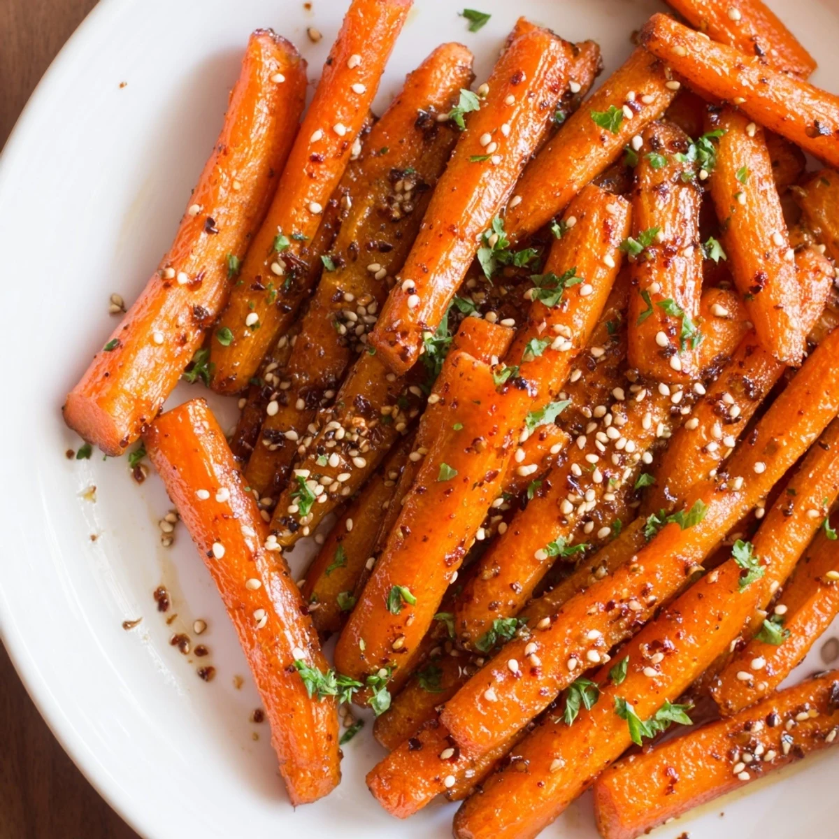 Warm Roasted Carrots With Cumin Honey Drizzle piled on platter, sprinkled parsley