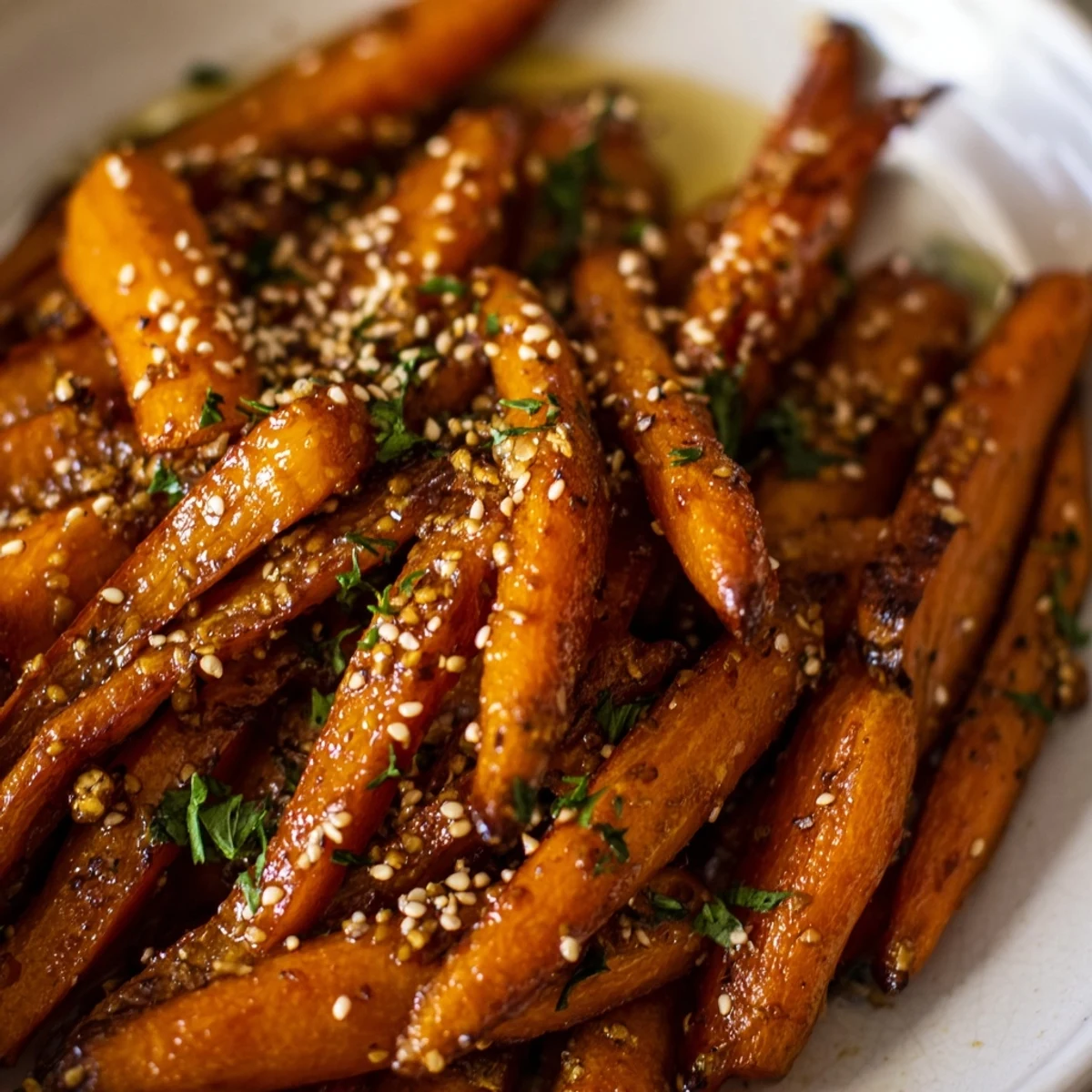 Bright Roasted Carrots With Cumin Honey Drizzle served warm beside roasted chicken