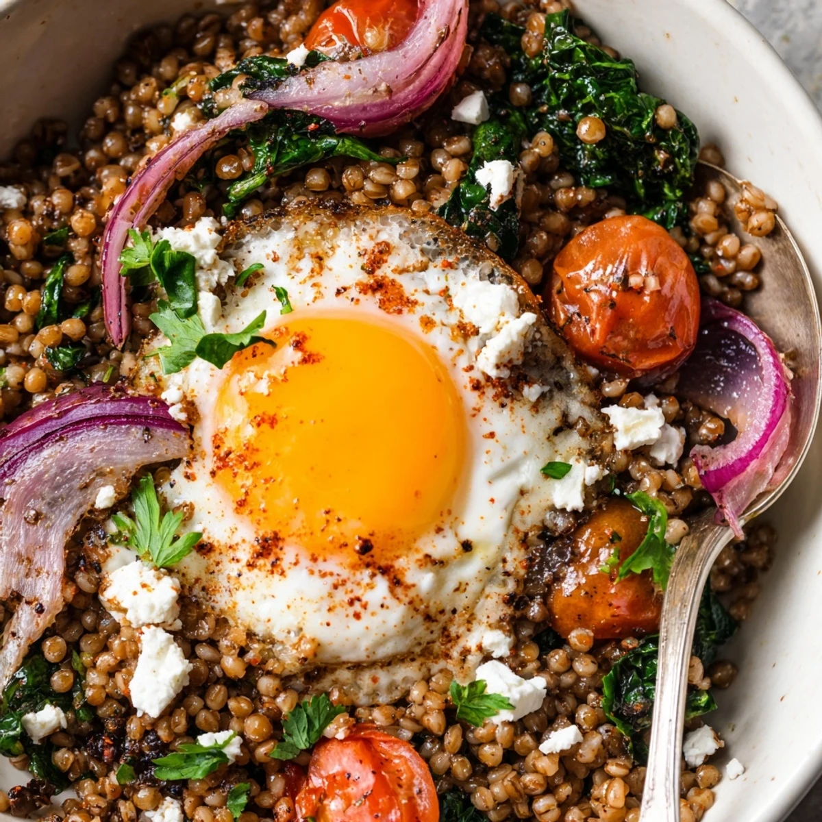 Savory Spinach and Tomato Buckwheat Breakfast Bowl steaming, nutty buckwheat and wilted spinach.