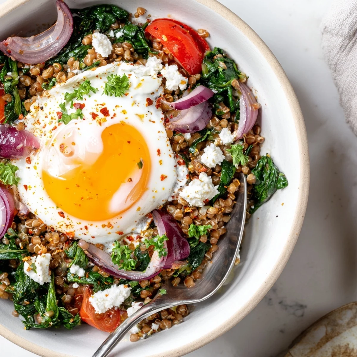 Herb-sprinkled, warm Savory Spinach and Tomato Buckwheat Breakfast Bowl ready to serve.