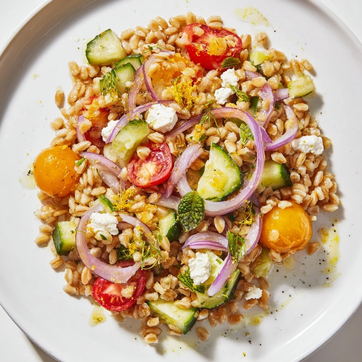 Citrus Herb Farro and Tomato Salad glistening with lemon-orange dressing and herbs