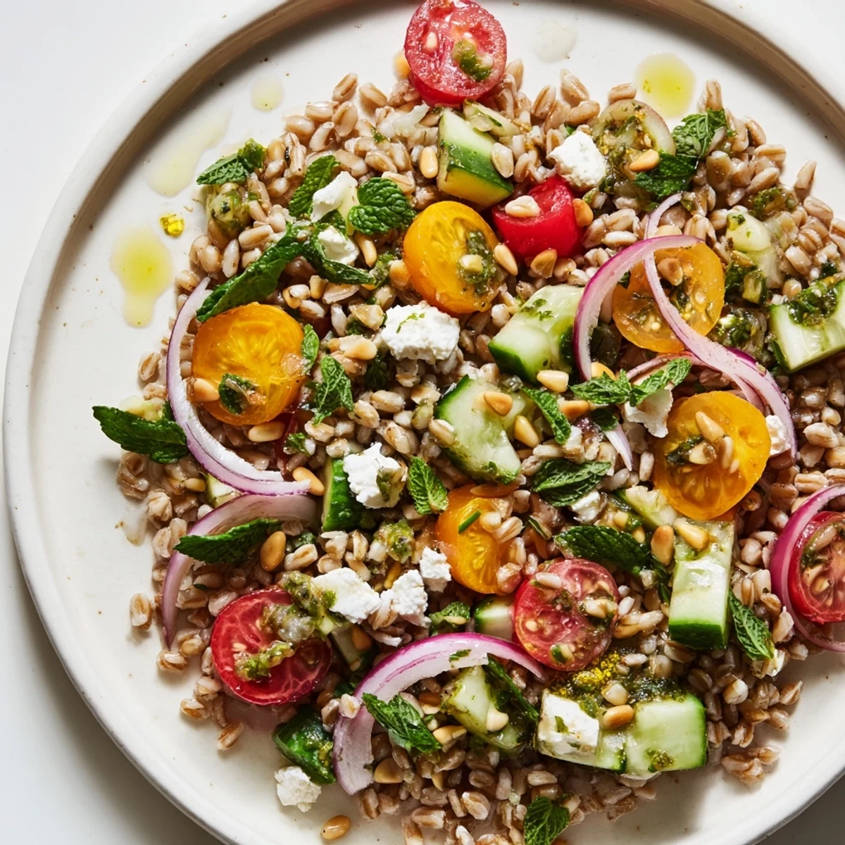 Bowl of Citrus Herb Farro and Tomato Salad, chilled for a light lunch
