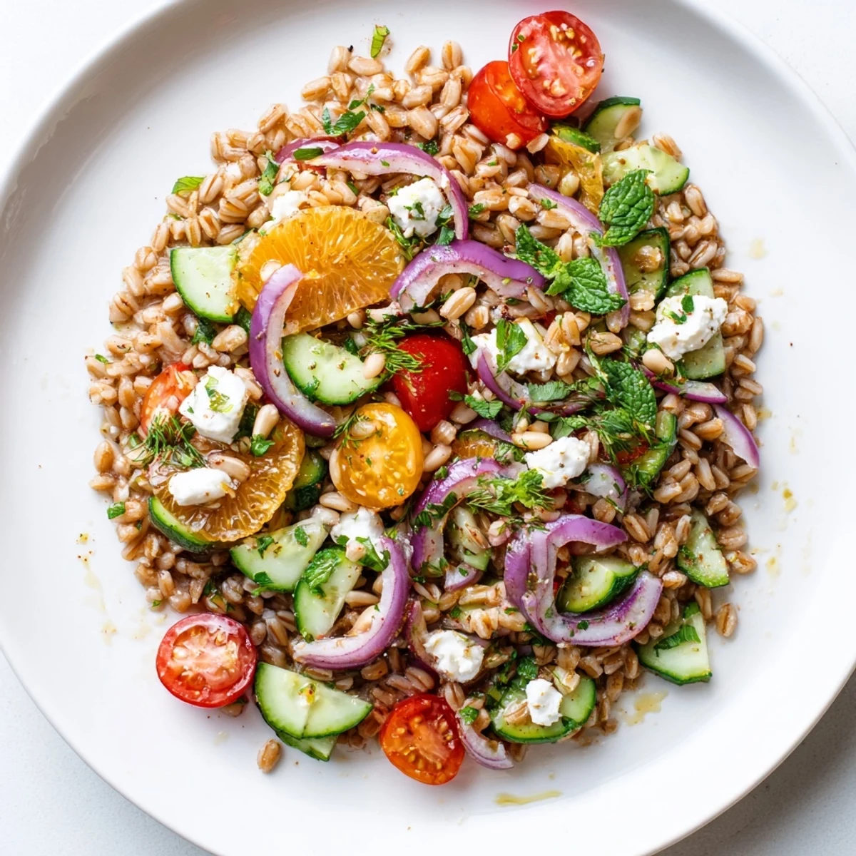 Citrus Herb Farro and Tomato Salad topped with crumbled feta and pine nuts
