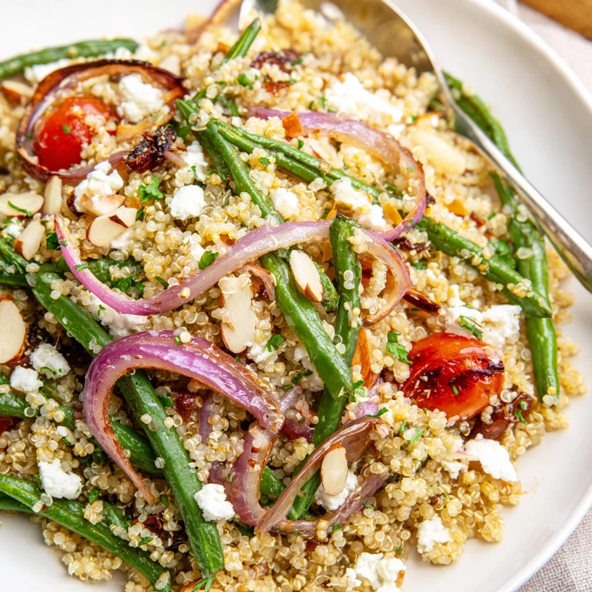 Warm Quinoa and Roasted Green Bean Salad with tangy feta, lemony aroma