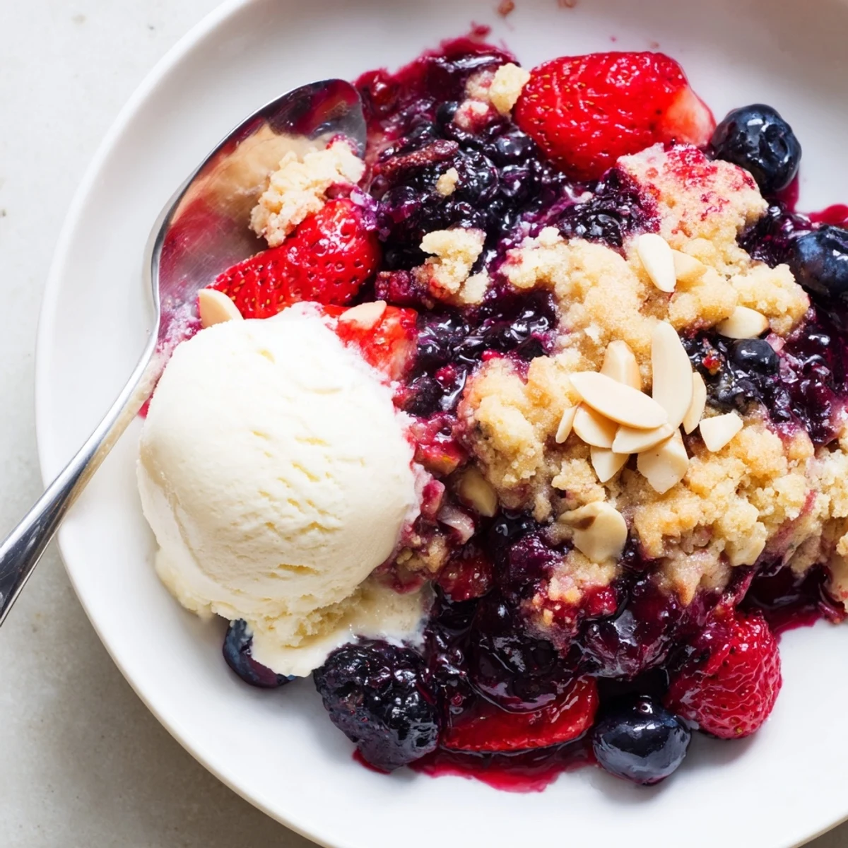 Warm Vanilla Almond Berry Cobbler served with melting vanilla ice cream.