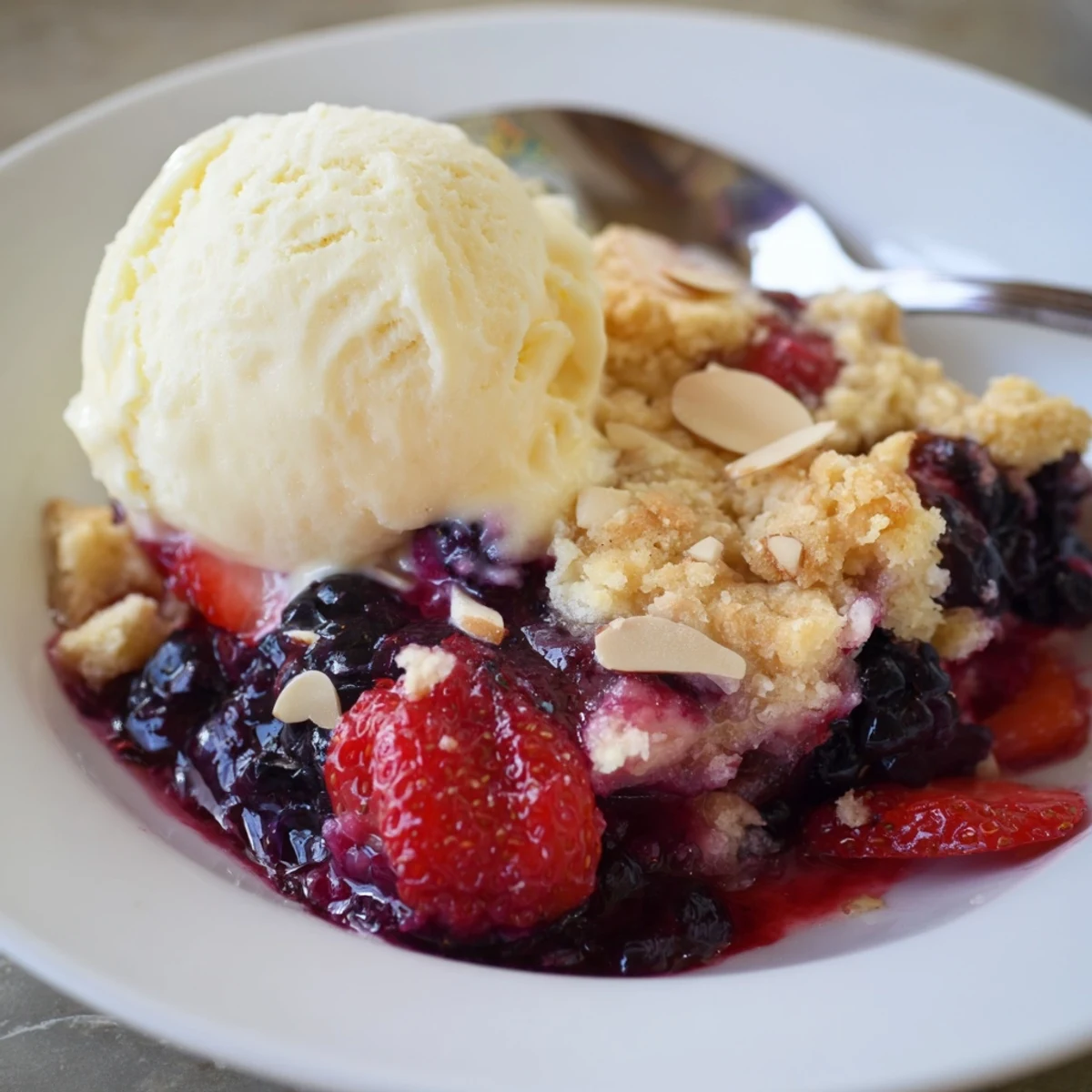 Vanilla Almond Berry Cobbler steaming with bubbling berries, golden almond biscuit topping.
