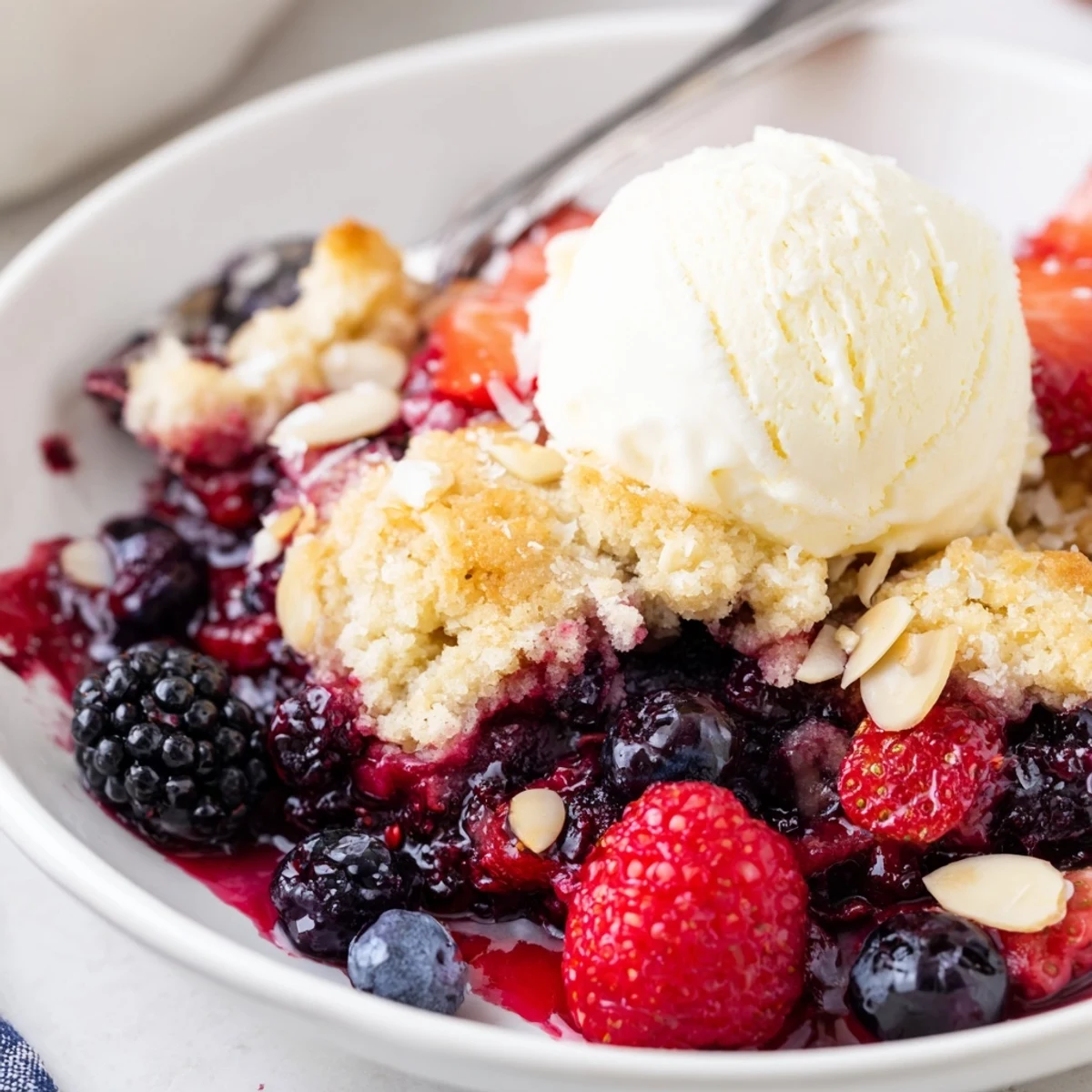 Spoonful of Vanilla Almond Berry Cobbler showing juicy berries and toasted almonds.
