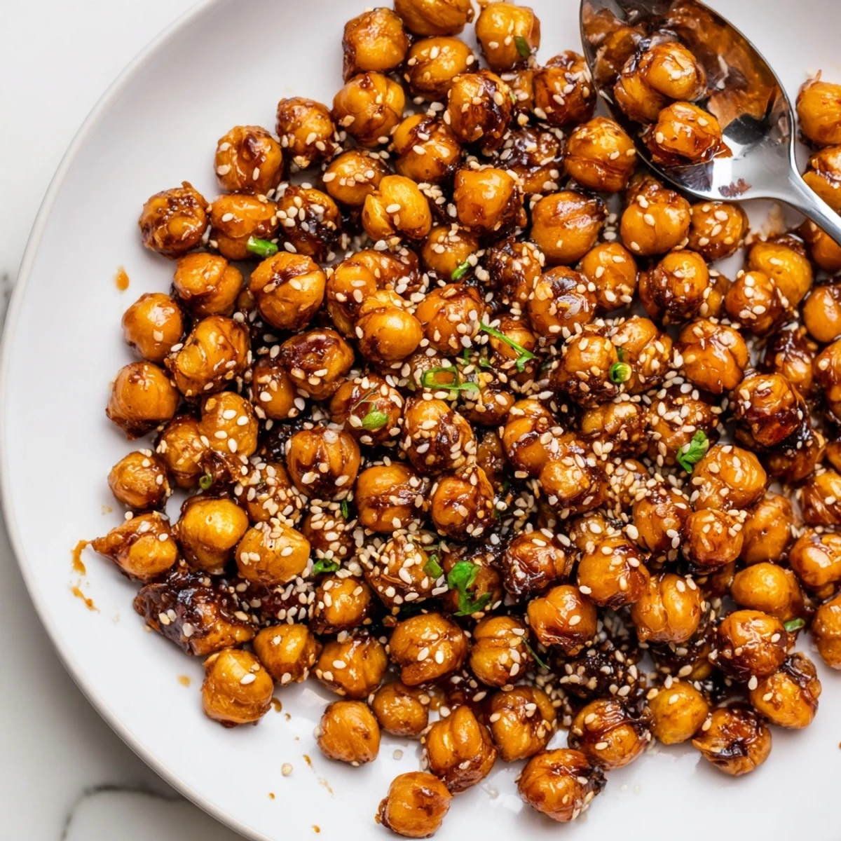 Golden baked Crispy Chili Sesame Chickpea Clusters piled on parchment, maple-glazed