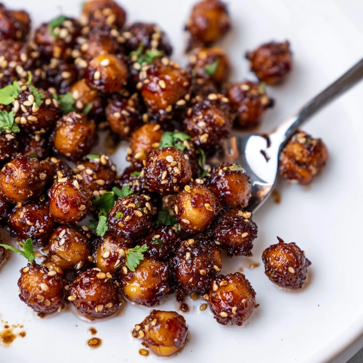 Close-up of Crispy Chili Sesame Chickpea Clusters cooling on a sheet pan