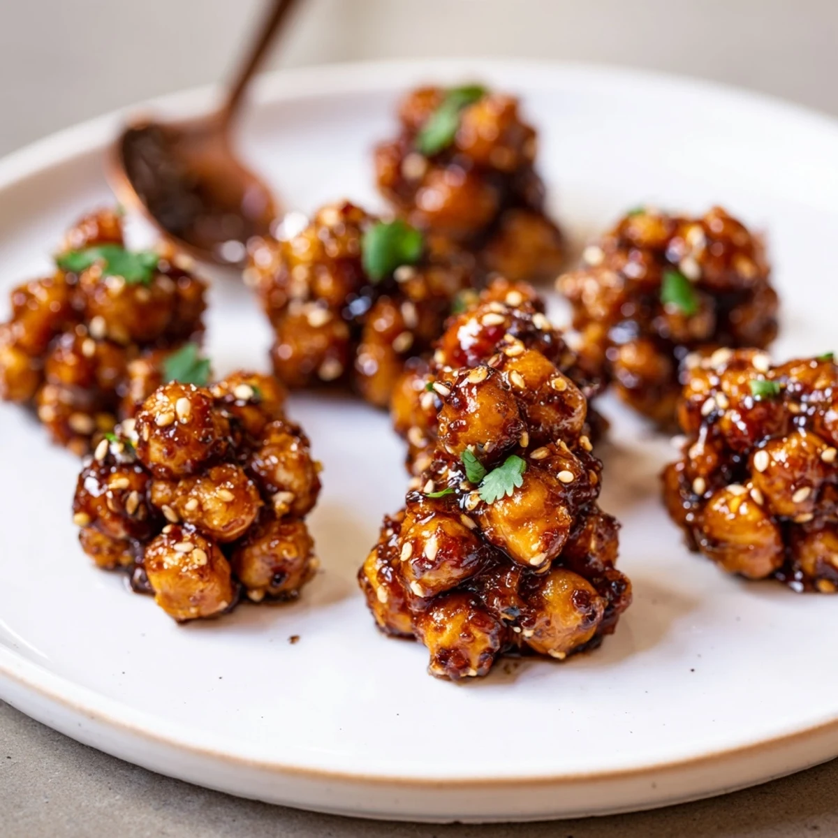 Snack-ready Crispy Chili Sesame Chickpea Clusters sprinkled with cilantro, ready for salads