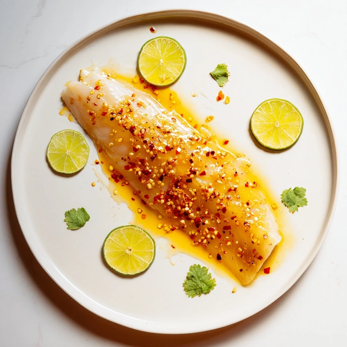 Chili Lime Glazed Cod Fillet with glossy honey-lime glaze, cilantro and lime wedge