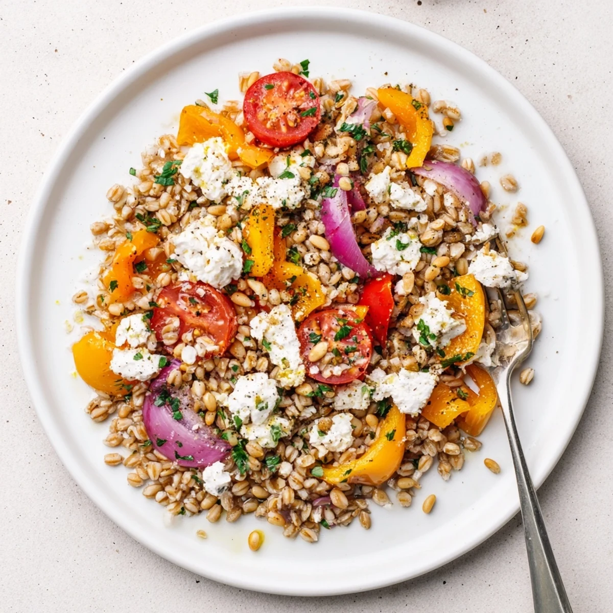 Warm Farro and Roasted Bell Pepper Salad glistening in lemon-herb dressing.