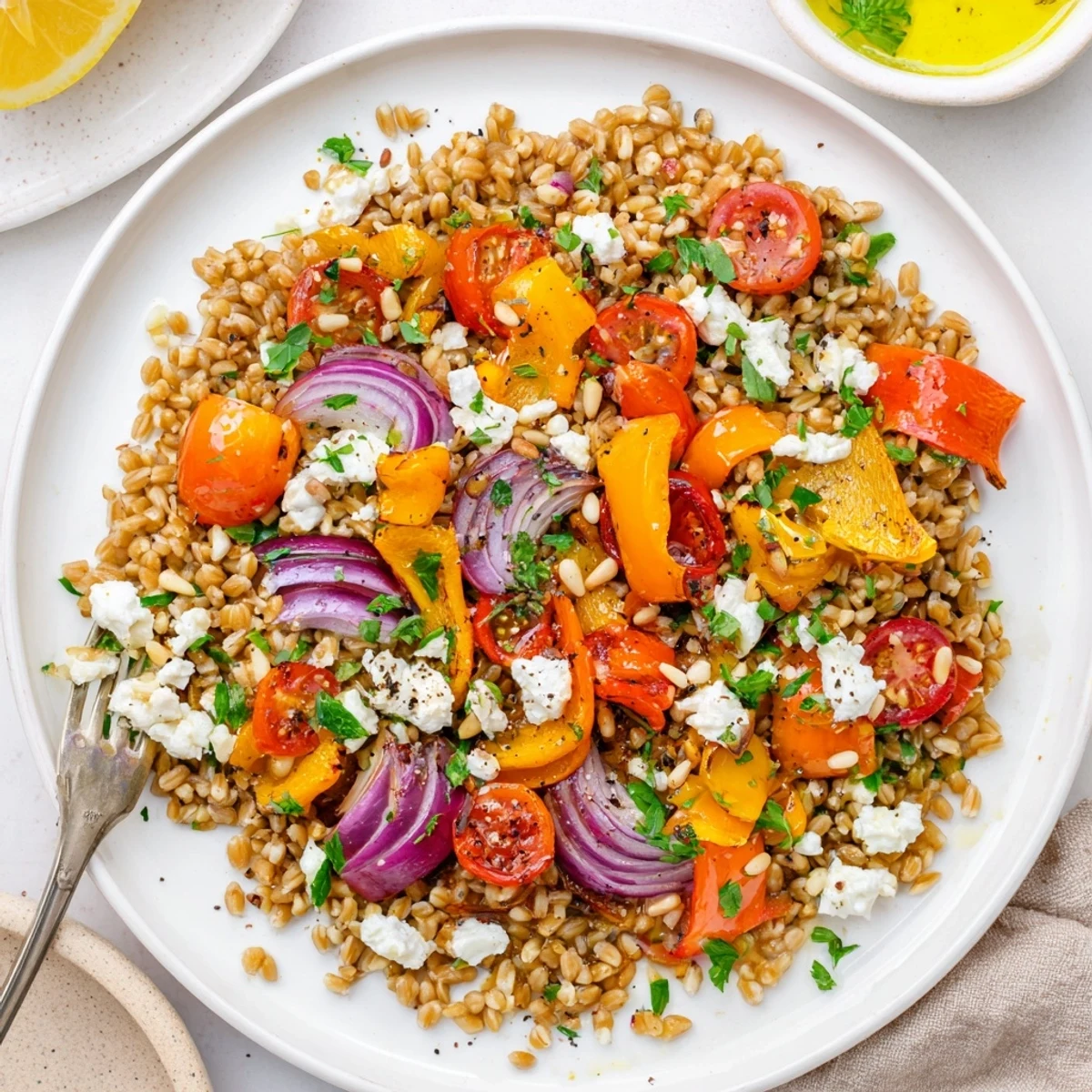 A rustic plate of Warm Farro and Roasted Bell Pepper Salad, tomatoes bursting.