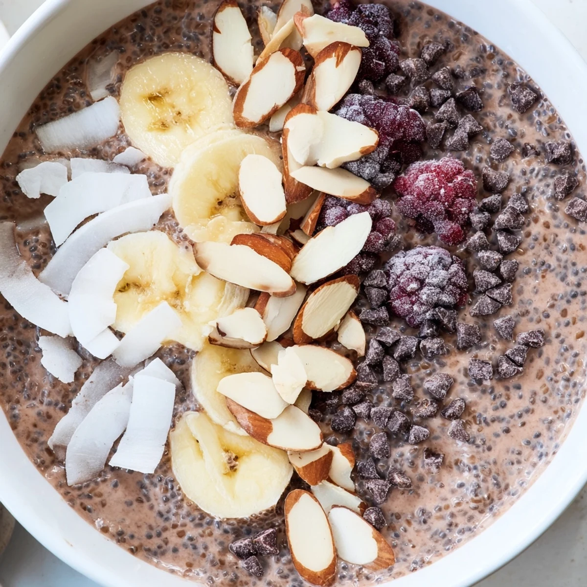 Creamy cocoa almond coconut chia bliss bowl topped with fresh banana slices and crunchy almonds