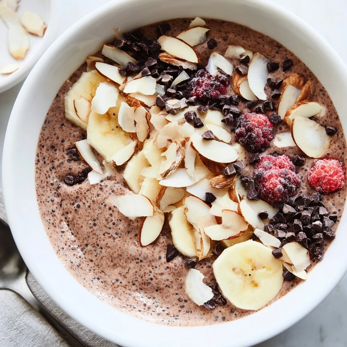 Vegan chocolate chia pudding breakfast bowl sprinkled with shredded coconut and sliced almonds