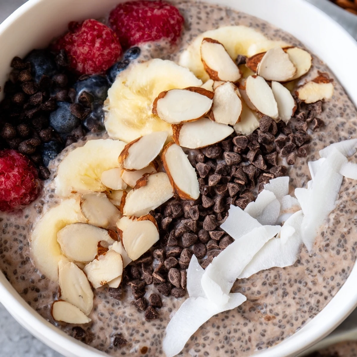 Rich cocoa chia bliss bowl with coconut flakes, almonds, and banana topping ready to serve