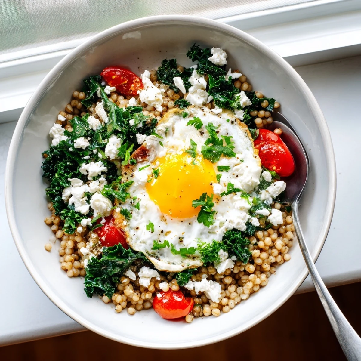Golden savory kale and tomato sorghum breakfast bowl topped with runny egg and crumbled feta