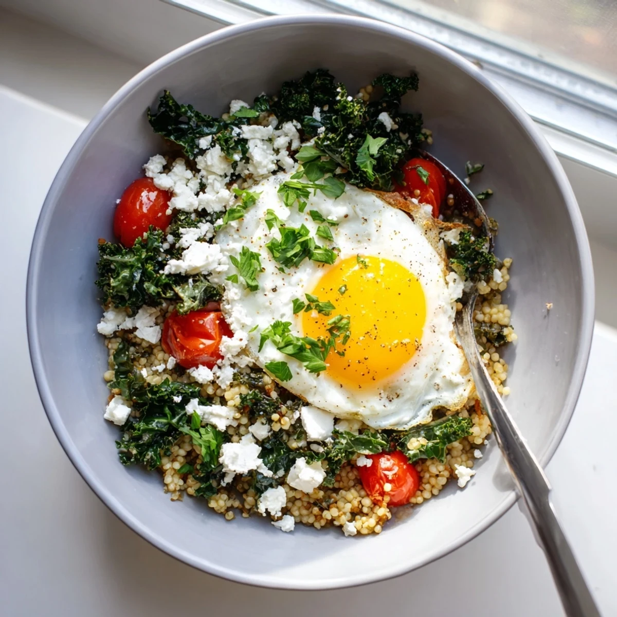 Hearty sorghum grain bowl with sautéed kale, cherry tomatoes, and a perfectly cooked sunny-side egg