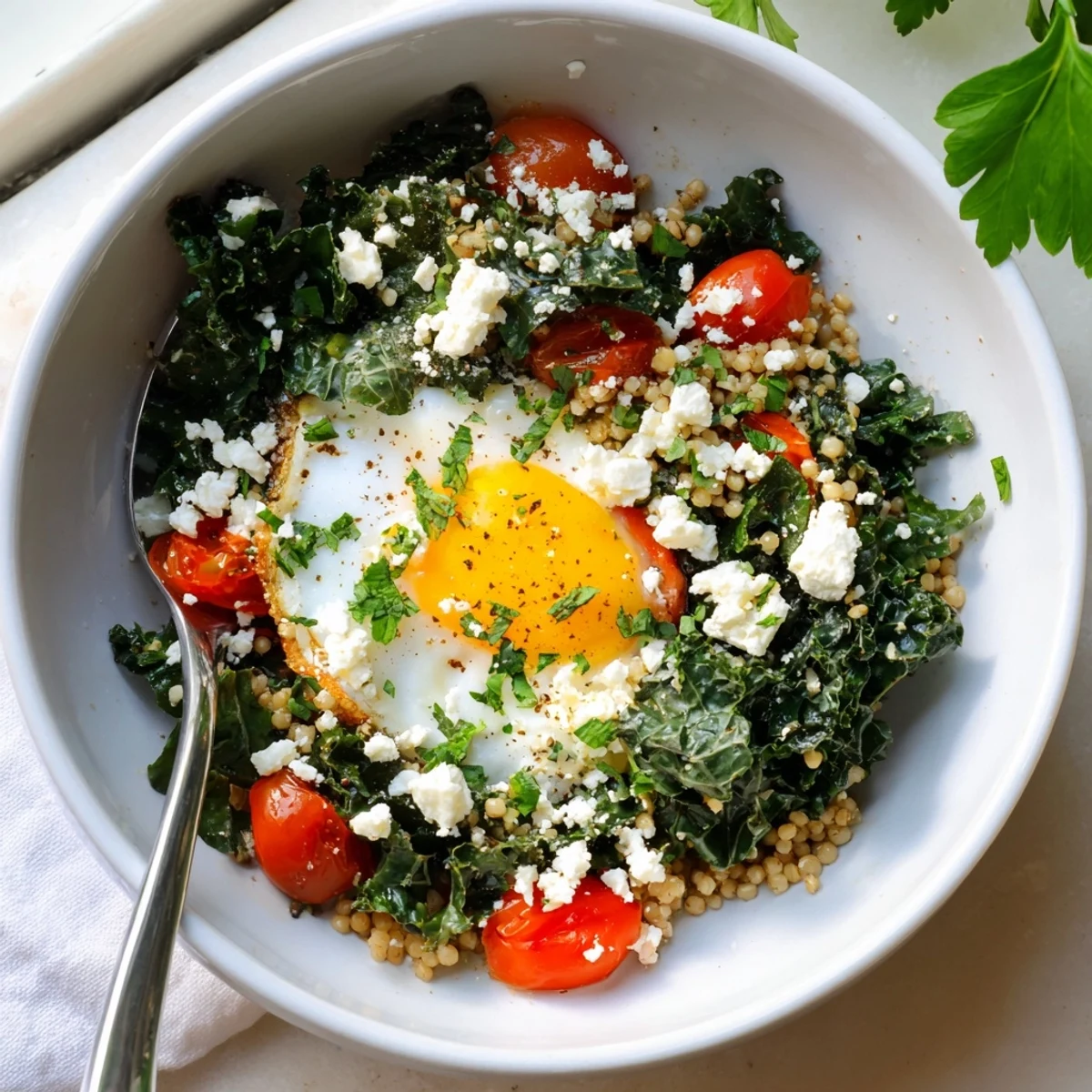 Nourishing breakfast bowl featuring fluffy sorghum, wilted kale, juicy tomatoes, and creamy feta cheese garnish