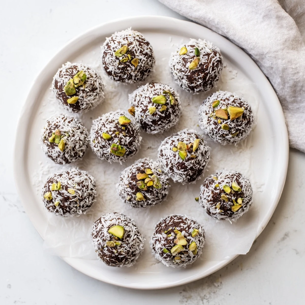 No-bake cocoa coconut pistachio chia energy bites rolled in shredded coconut and chopped nuts