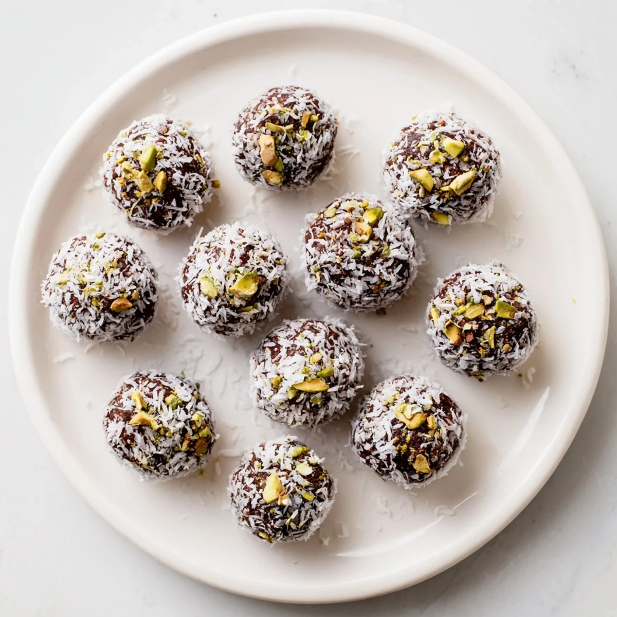 Rich chocolate coconut treats topped with crunchy pistachios and nutritious chia seeds on a white plate
