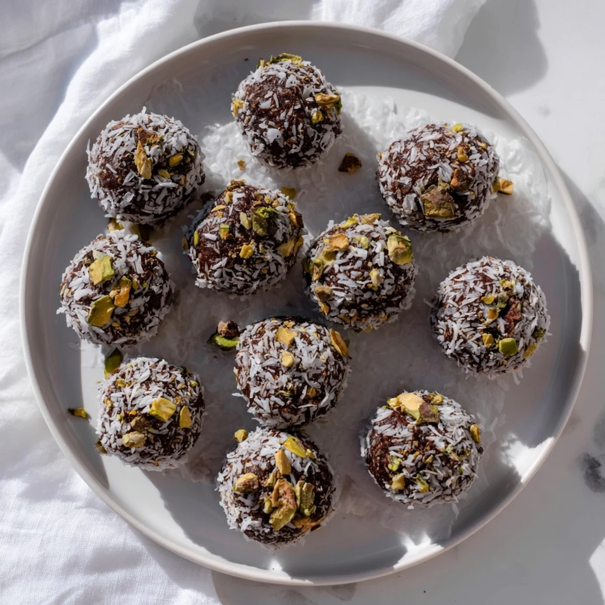 Vegan cocoa coconut pistachio chia balls arranged on a wooden cutting board ready for serving