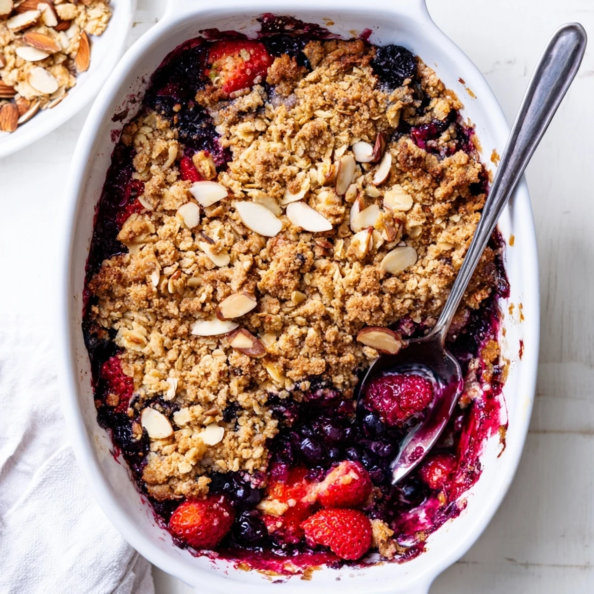 Golden vanilla berry almond crumble fresh from the oven with bubbling fruit filling