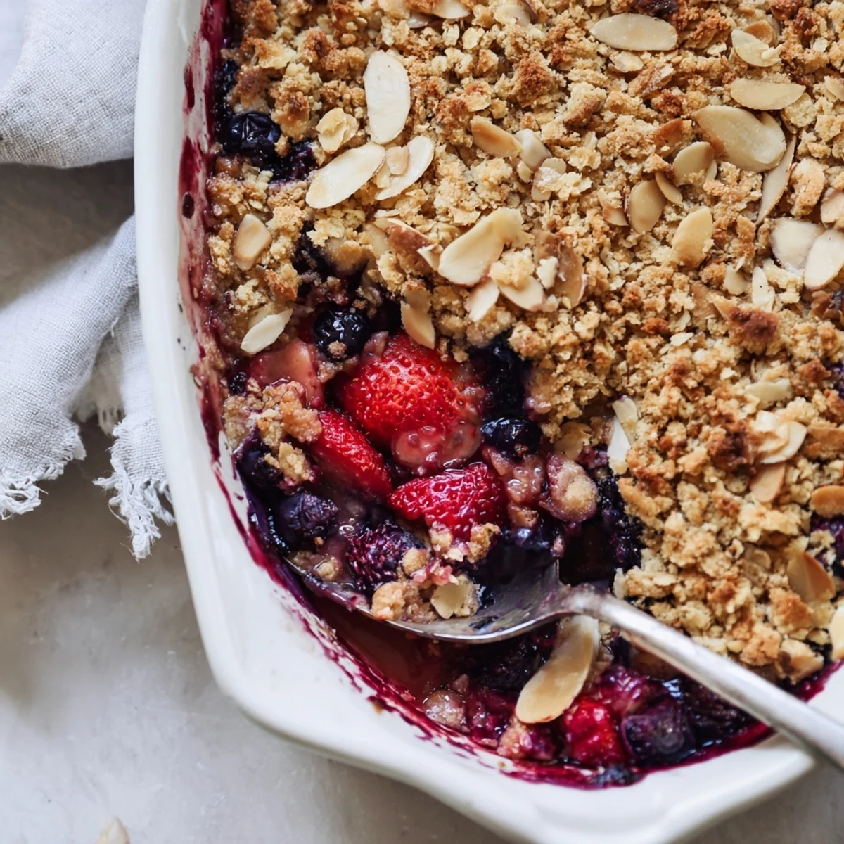 Vanilla berry almond crumble dessert with toasted oat topping served warm in white dish
