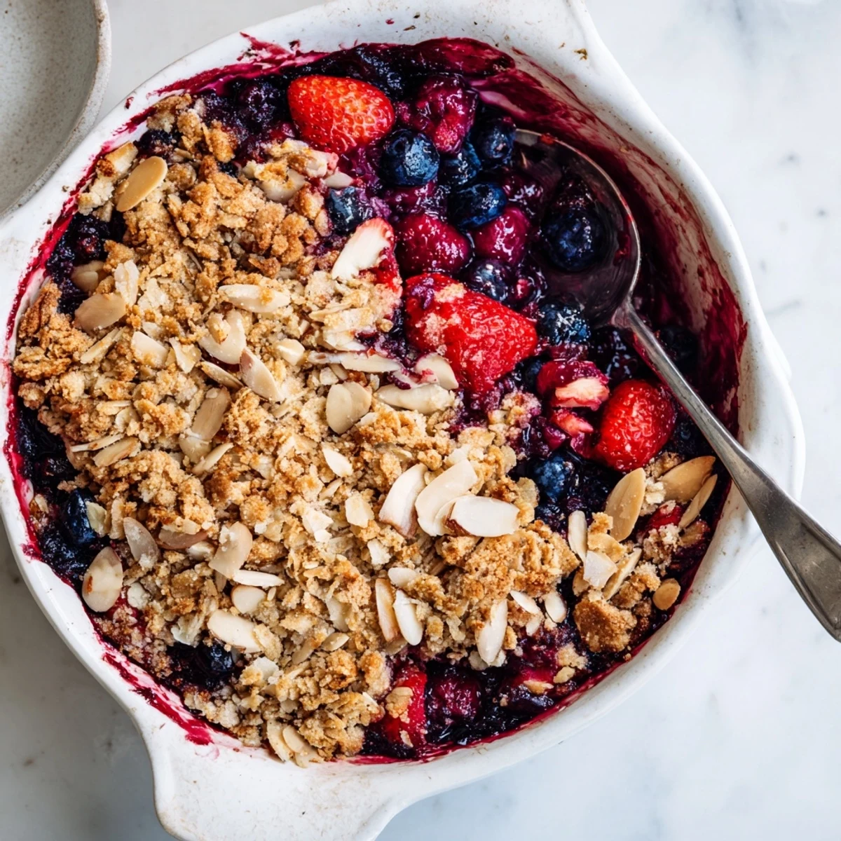 Homemade vanilla berry almond crumble featuring sweet mixed berries under crispy golden almond streusel