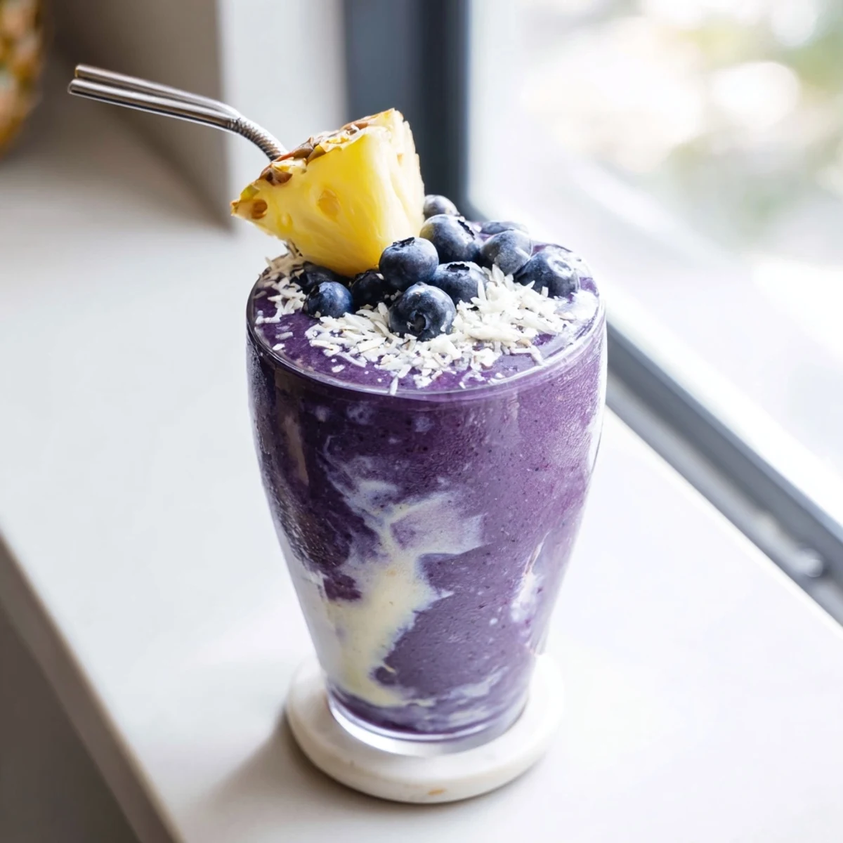 Purple blueberry pineapple coconut smoothie poured into a glass garnished with fresh tropical fruit