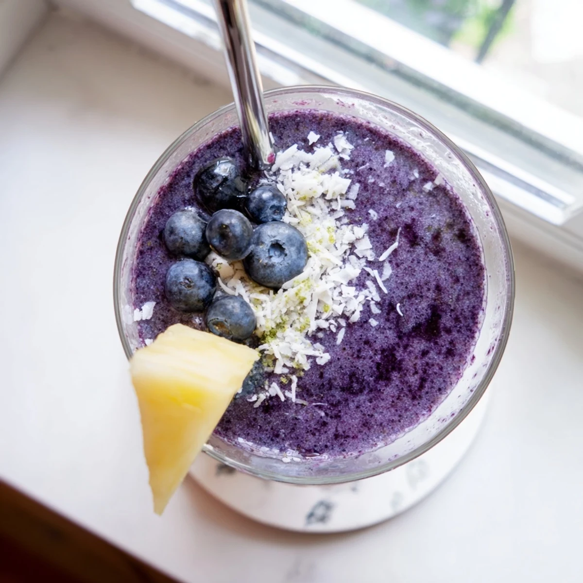 Thick creamy blueberry pineapple coconut smoothie blended with ice and topped with shredded coconut