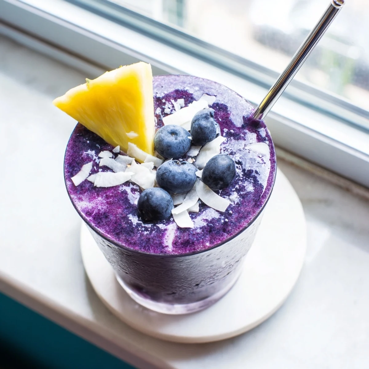 Vibrant blueberry pineapple coconut smoothie in a clear glass showcasing swirls of purple and white