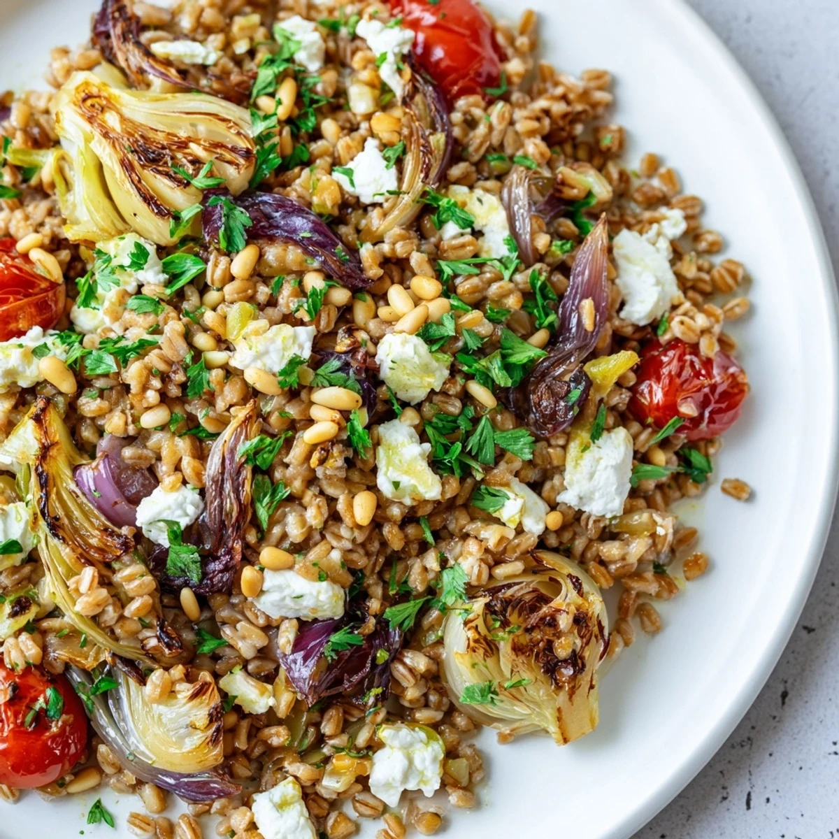 Golden warm farro salad topped with caramelized roasted fennel and fresh parsley