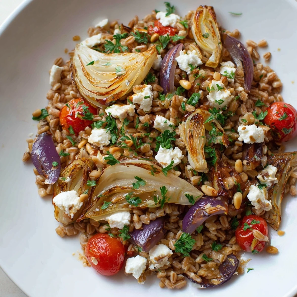 Vegetarian warm farro and roasted fennel salad garnished with pine nuts and crumbled feta