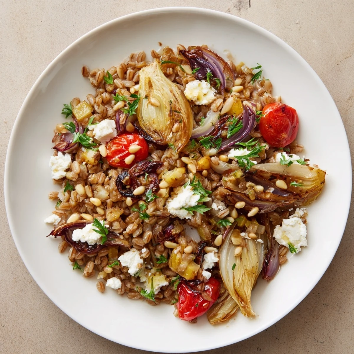 Hearty bowl of Mediterranean farro mixed with sweet roasted fennel and red onion
