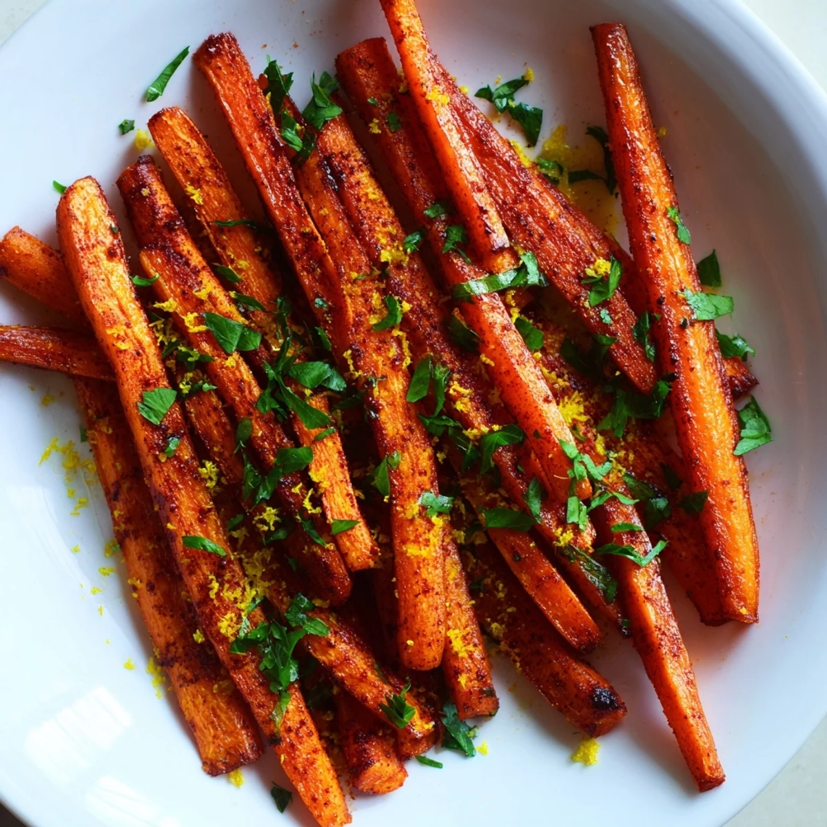 Golden smoky roasted carrot batons arranged on a white platter with fresh parsley garnish
