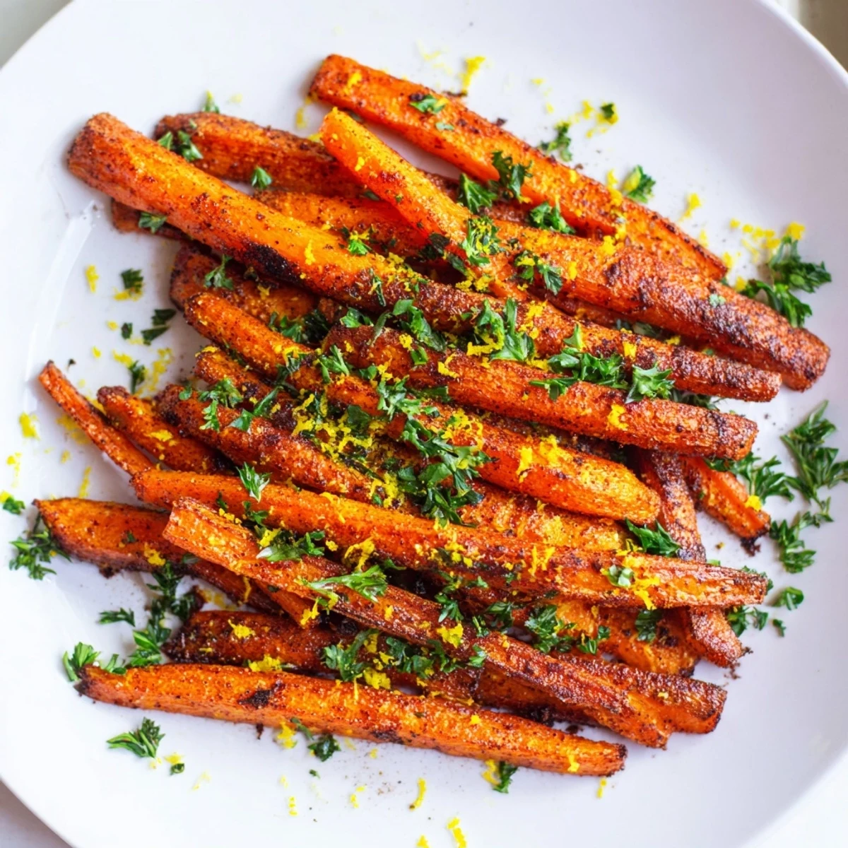 Oven-roasted carrot batons with smoky spices, sprinkled with lemon zest and parsley