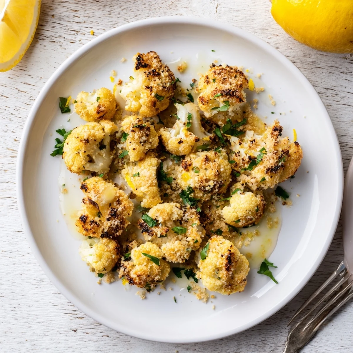 Golden roasted cauliflower flolets generously topped with crispy lemon pepper breadcrumbs and fresh parsley garnish